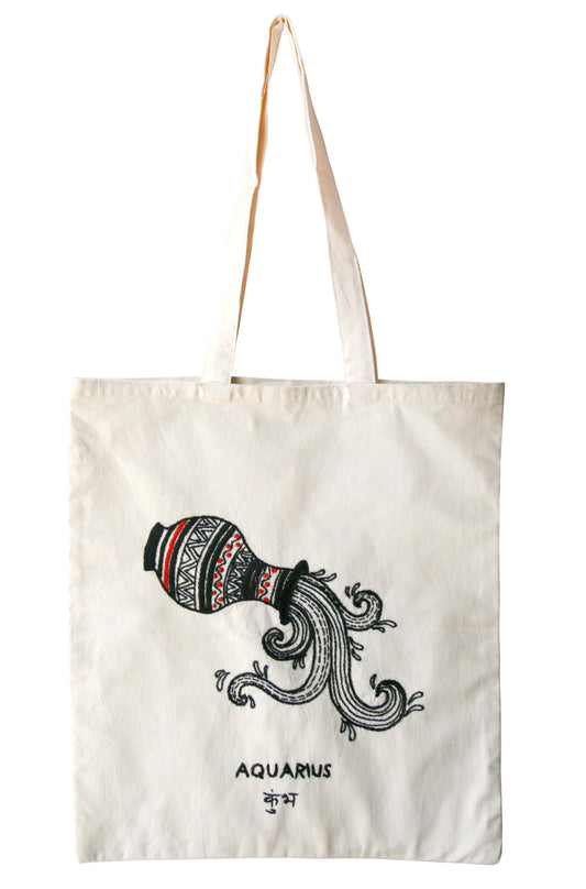 Hand-Embroidered Zodiac Sign Tote Bag – 100% Cotton | Unique Handmade Gift