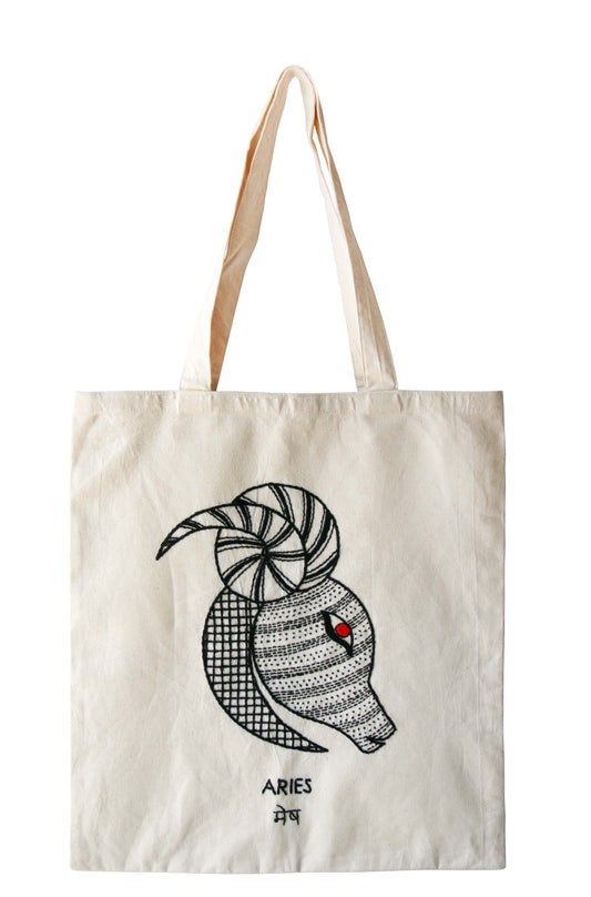 Hand-Embroidered Zodiac Sign Tote Bag – 100% Cotton | Unique Handmade Gift