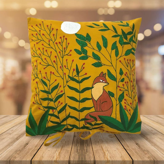 Hand embroidered cushion cover on mustard base cotton fabric with  depicting forest scene.
