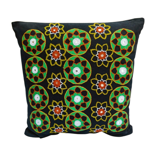 Hand ebroidered cushion cover on black base cotton fabric with geometric designs 