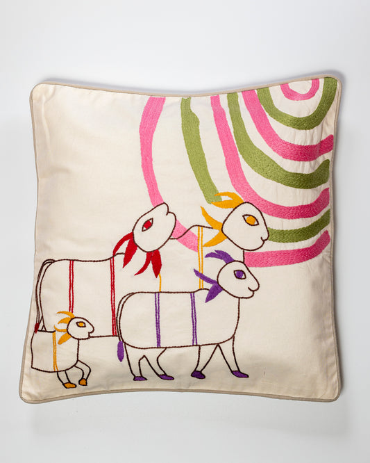 Decorative pillow cover with rainbow design inspired from Gond Art on off white base fabric.