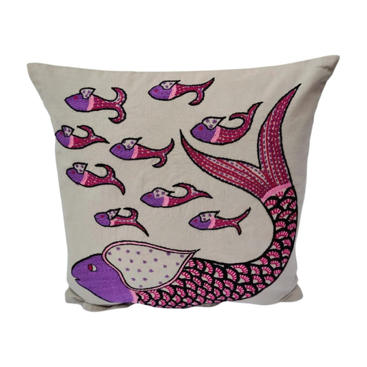 Decorative pillow with fieshes  design on a light grey  background inspired from Gond Art.