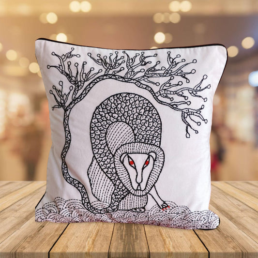 Decorative pillow with a lion and tree design inspired from Gond Art.