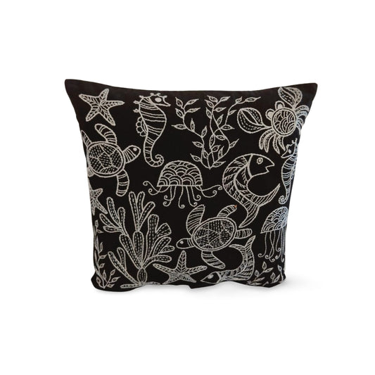 Black pillow with  sea creature  themed pattern 