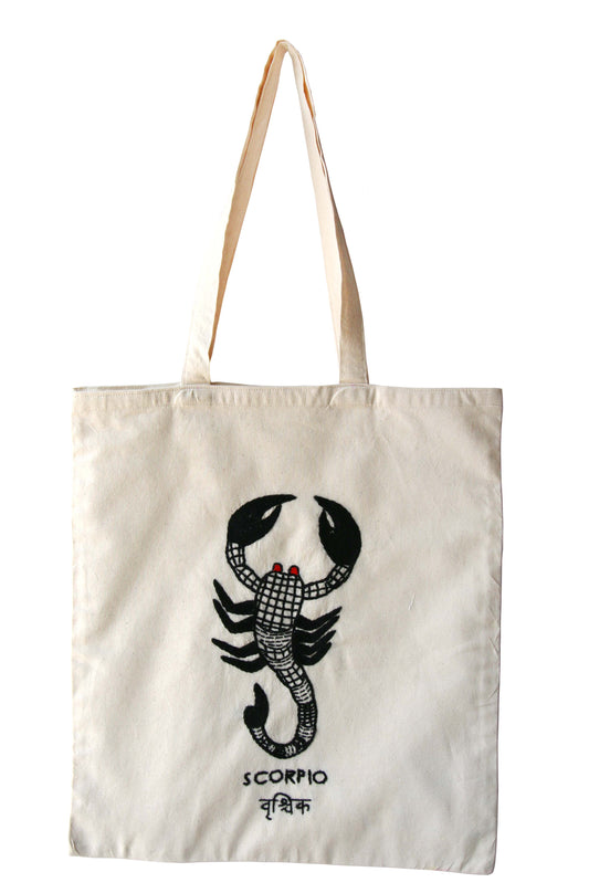 Hand-Embroidered Zodiac Sign Tote Bag – 100% Cotton | Unique Handmade Gift