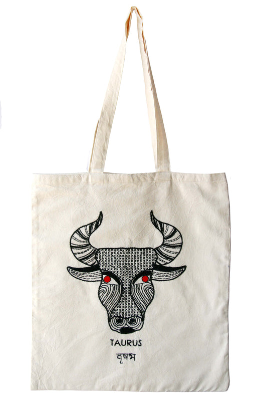 Hand-Embroidered Zodiac Sign Tote Bag – 100% Cotton | Unique Handmade Gift