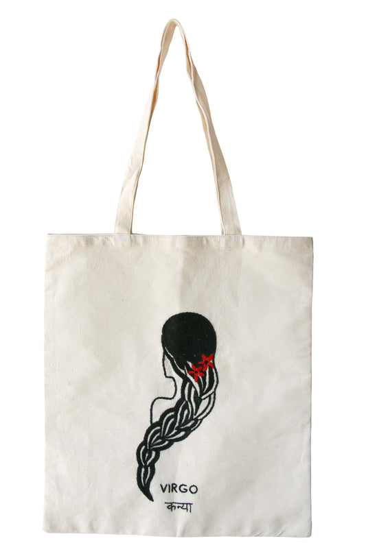 Hand-Embroidered Zodiac Sign Tote Bag – 100% Cotton | Unique Handmade Gift