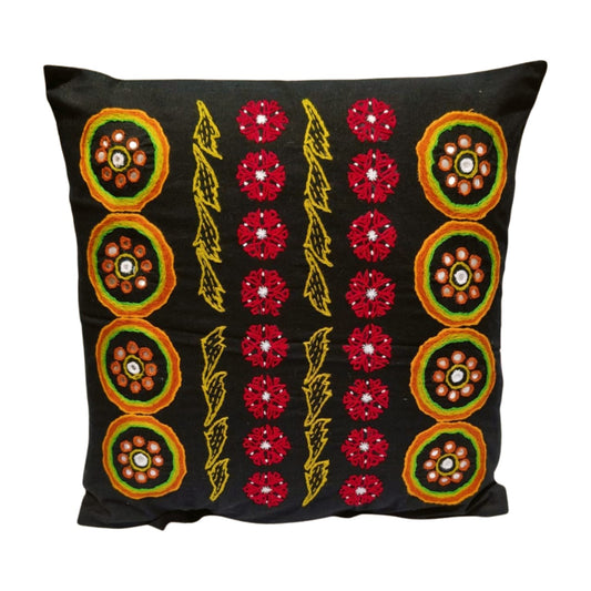 Hand ebroidered cushion cover on black base cotton fabric with floral designs